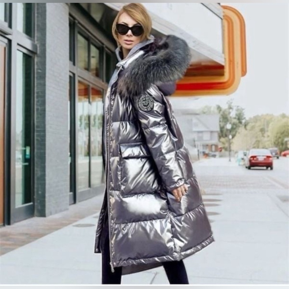Gunmetal Puffer Coat w/faux fur collar